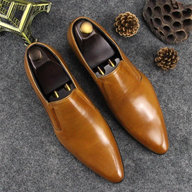 

British Man Genuine leather Slip on Formal Dress Shoes Korean Style Mens Wedding Party Oxfords1, As show 2