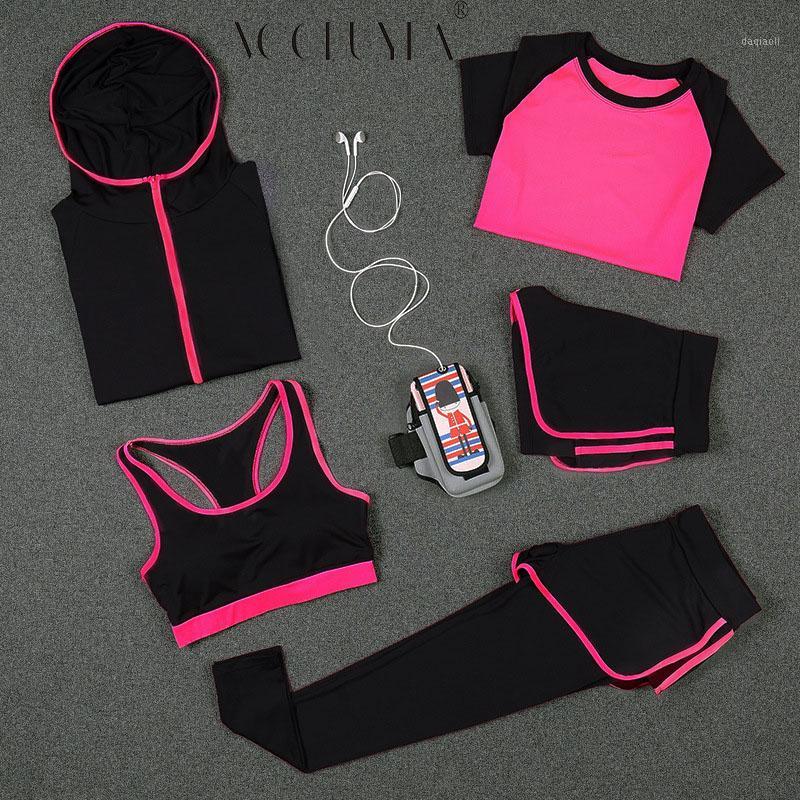 

Voobuyla Women Running Sets Sports Yoga Leggings Shirts Shorts Vest Bra Jackets Hood Tights Clothes Fitness Jogging Suit 5pcs1, Purple