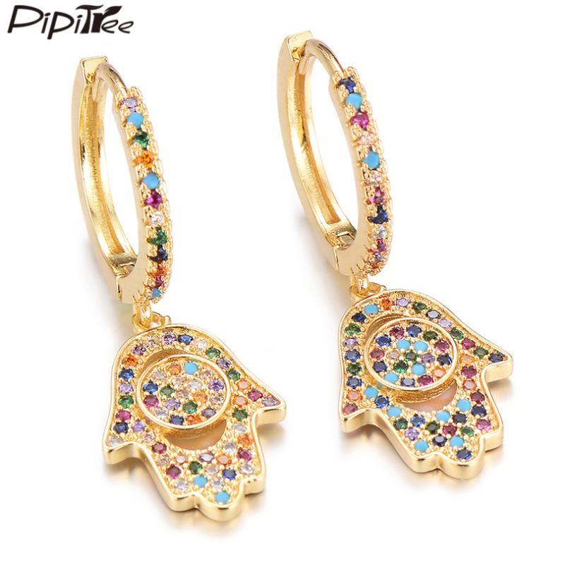 

Hoop & Huggie Pipitree Ladies Fashion Earrings Cubic Zirconia Round Circle Loops Hamsa Hand For Women Party Jewelry Pendientes