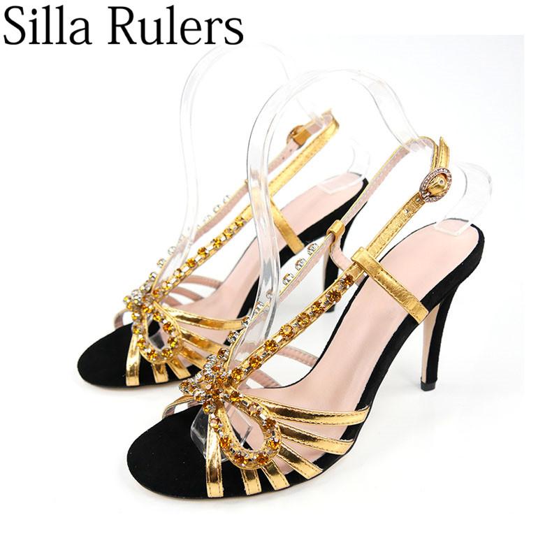 

2021 Elegant Gold Crystal Back Strap Sandals Woman Thin High Heels Sandals Genuine Leather Women Party Shoes zapatos de mujer, Black chunky heel