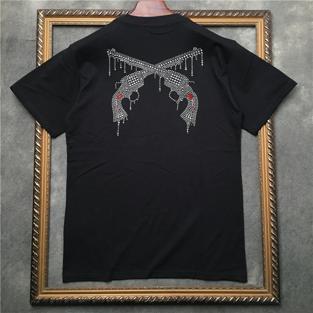 

Rhinestone Double Gun Print Tee Mens Short Sleeve T-shirt Women Cotton Casual Hip Hop Highstreet Shirt Black Fcuc