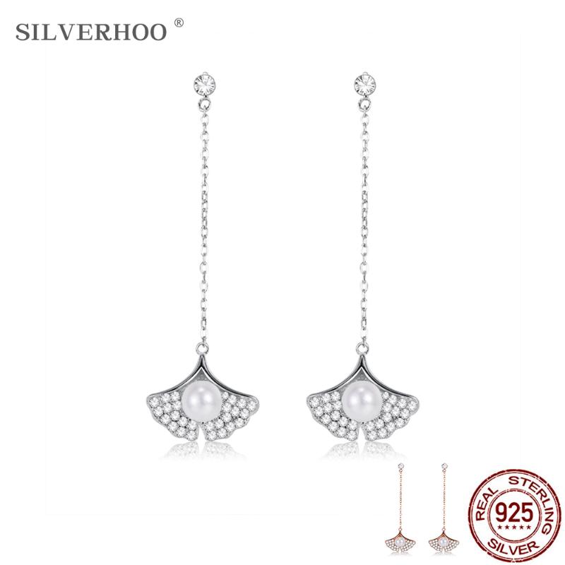

SILVERHOO 925 Sterling Silver Apricot Leaf & Shell Pearl Earrings For Women Dazzling Zircon Tassel Drop Earring Fine Jewelry