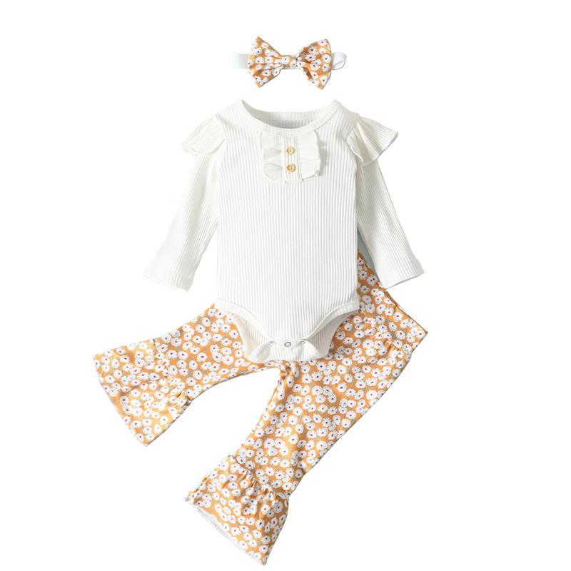 

2020 Baby's Clothing Set Long Sleeve Romper and Print Daisy Pants and Headwear Three-piece Suit for Toddler Boys Girls Outfits, As pic