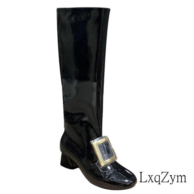 

Brand Designer Women's Patent Leather Knee High Boots Female 2020 New Metal Decor Mid Heels Ladies Slip On Classics Shoes 35~41, As show