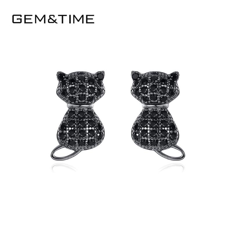

Gem&Time Cat Silver Stud Earrings Sterling Silver 925 Black CZ Cute Animal Ohrringe Fine Jewelry Female Gift Brincos SE-482