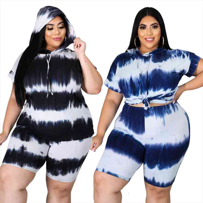 

plus size biker sets tie-dye print hooded short sleeves t shirt fashion big size xl---5xl casual two pieces, Gray