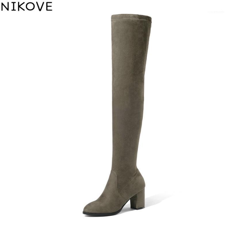 

NIKOVE 2020 Women Boots Square High Heels Over The Knee Boots Stretch Fabrics Round Toe Look Slim Shoes Autumn Size 34-431, Black