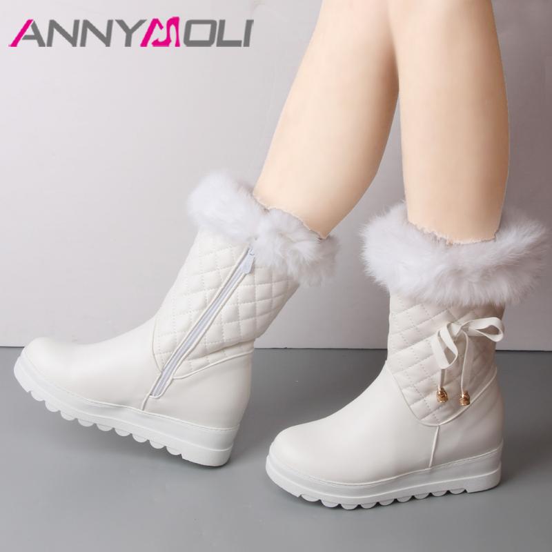

ANNYMOLI Winter Snow Boots Ladies Mid Calf Boots Plush Shoes Women Platform Wedge Real Fur Bow High Heels Footwear, Black