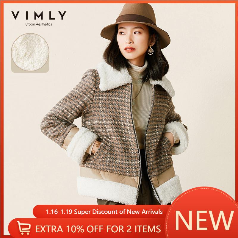 

Vimly Winter Woolen Coats For Women Fashion Lapel Zipper Pockets Splicing Plaid Short Jacket Female Thicken Overcoat F5651