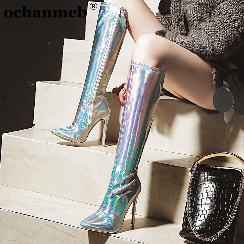 

Woman 12CM Stiletto Heels Pointed Toe Knee High Boots Women Female Holographic Mirror Silver Gold Party Club Dancing Boots Shoes, 12cm heel gold