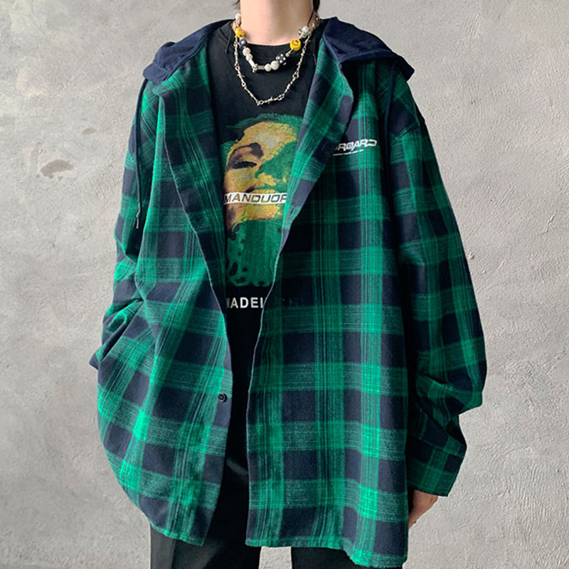 

2021 New Privathinker Autumn New Men's Plaid Shirt Casual Oversize Tops Woman Tees Fashion Korean Streetwear Hip Hop Male Blouse EM88, Coffee