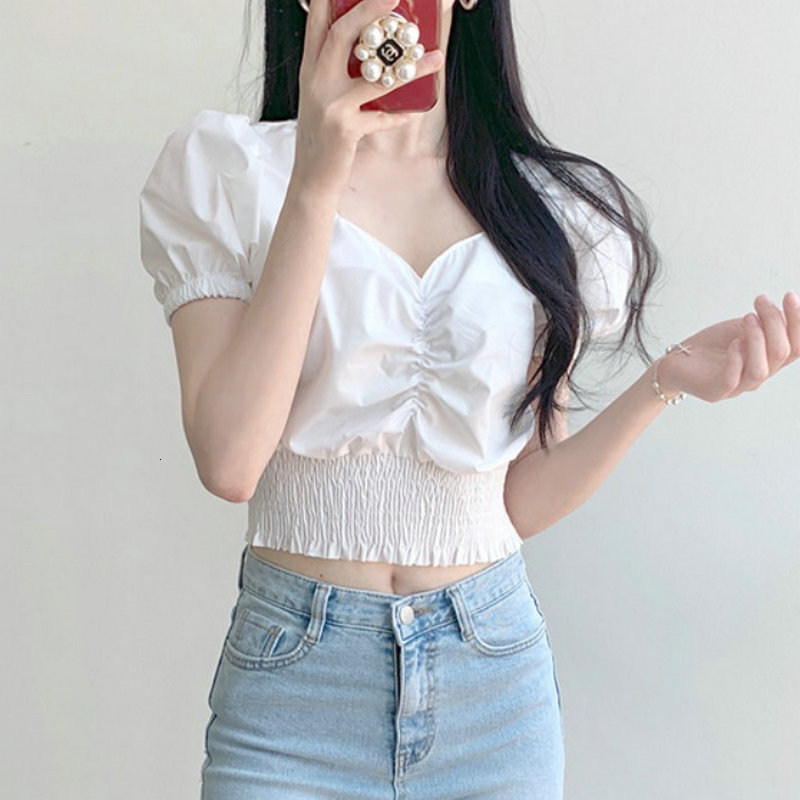 

2021 New Arrival Tops Short Sleeve Sleeves Female Shirt Puff Pure Waist Color Jacket with Neckline Render Without Lining Chiffon POKN, White