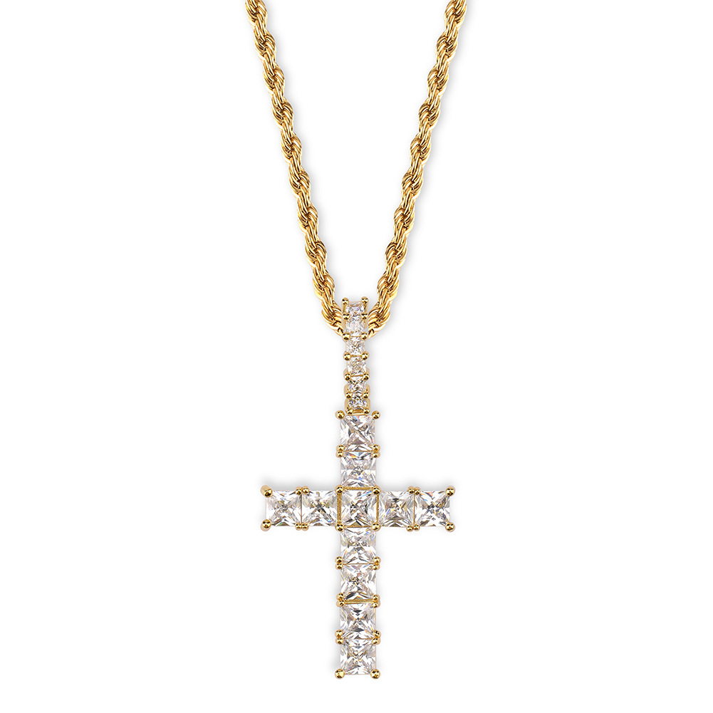 

Men Women Luxury Bling Square Zircon Necklaces Hip Hop Cross Necklaces Vintage 18K Gold Rhodium Plated Copper Cross Necklaces