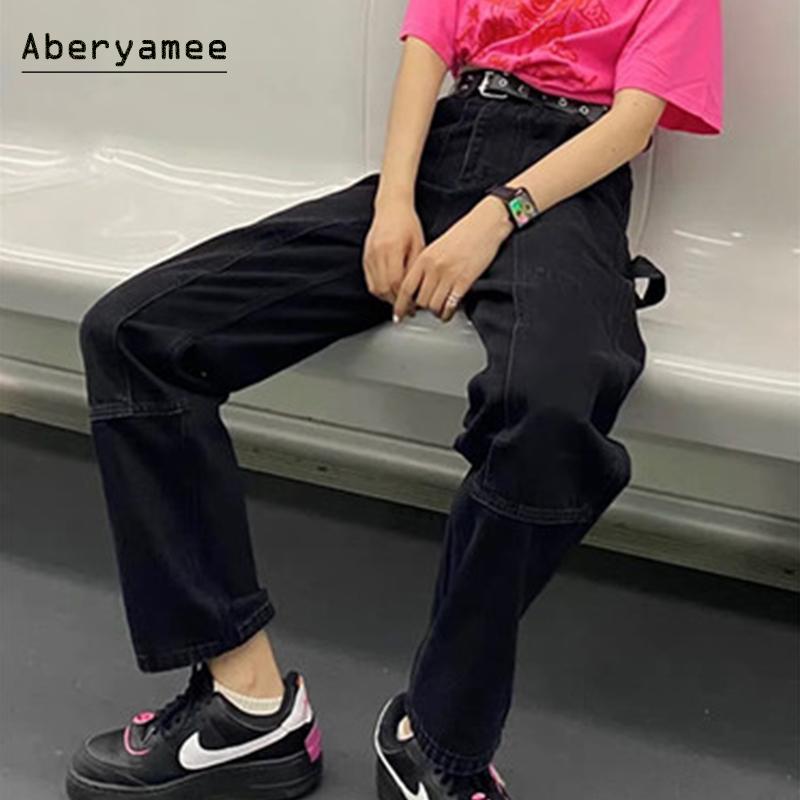 

Aberyamee BF Woman Jeans High Waist Straight Leg Long Pants New Autumn Fashion Floor Casual Street Solid Vintage Ladies Trousers, Black
