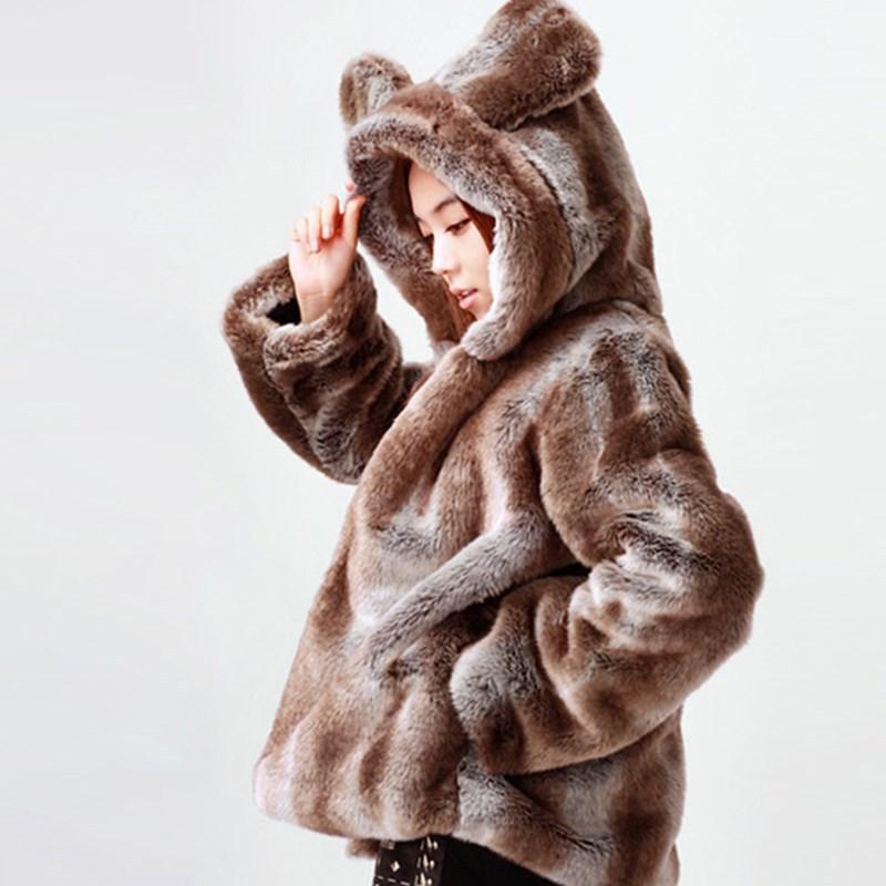 

Winter Warm Hooded Fur & Faux Fur Women New Casual Long Sleeve Women Coat Leopard-print Ears Thickened Coat, Beige
