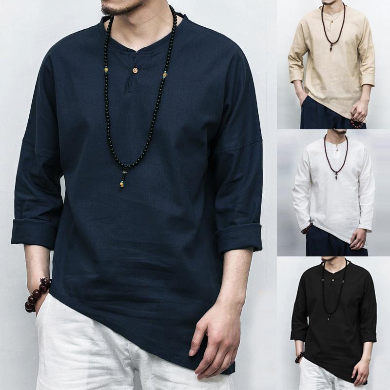 

New Mens Casual Street Shirt 2020 Spring Summer Light Thin Men Irregular Hem Cotton Linen Crew-Neck Button Down Sweatshirt FM029, Black