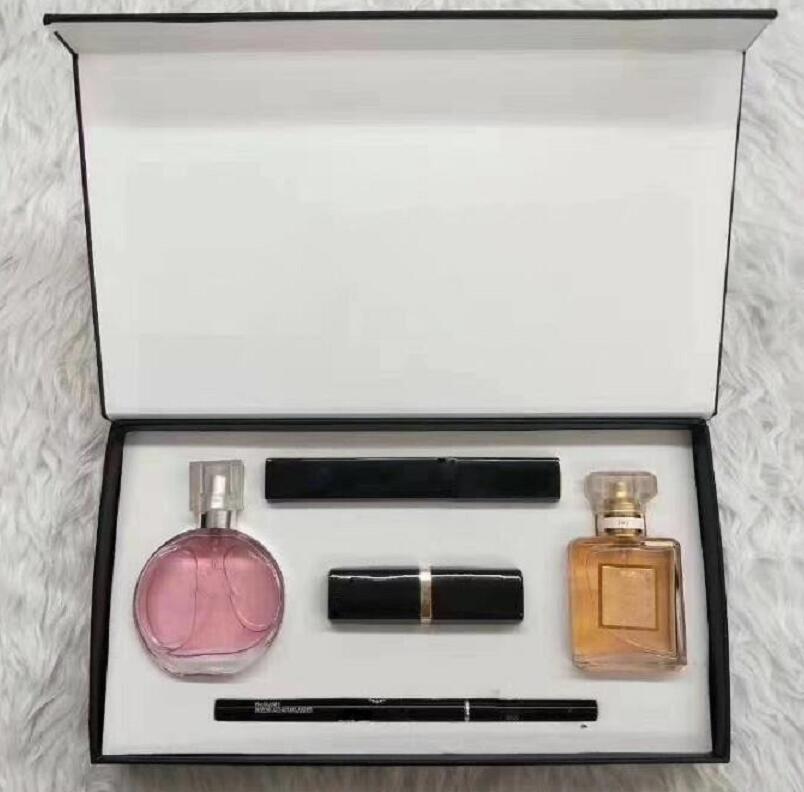 

Brand makeup set 15ml perfume lipsticks eyeliner mascara 5 in 1 with box Lips cosmetics kit for women gift drop dhl shipping