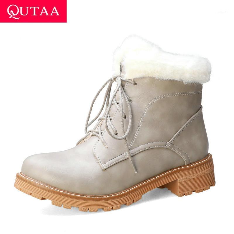 

QUTAA 2020 New Autumn Winter Warm Fur Antiskid Lace Up Ankle Boots Square Heel PU Leather Round Toe Casual Women Shoes Size34-431, Black
