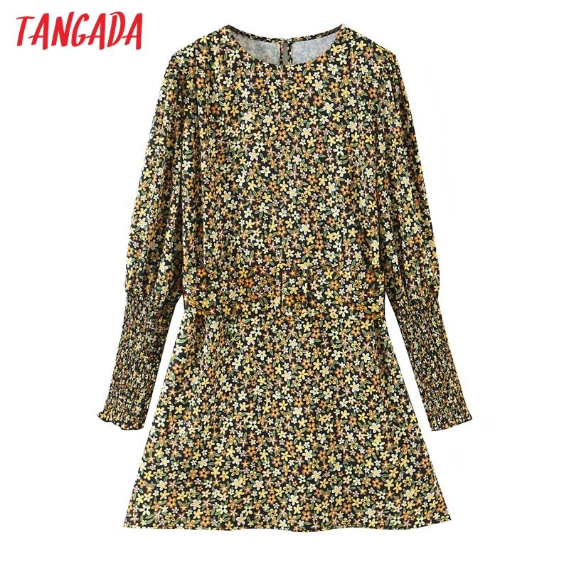 

Tangada Women Flower Print Pleats Casual Mini Dress Puff Long Sleeve Office Ladies Chic Short Dress Vestido SL225