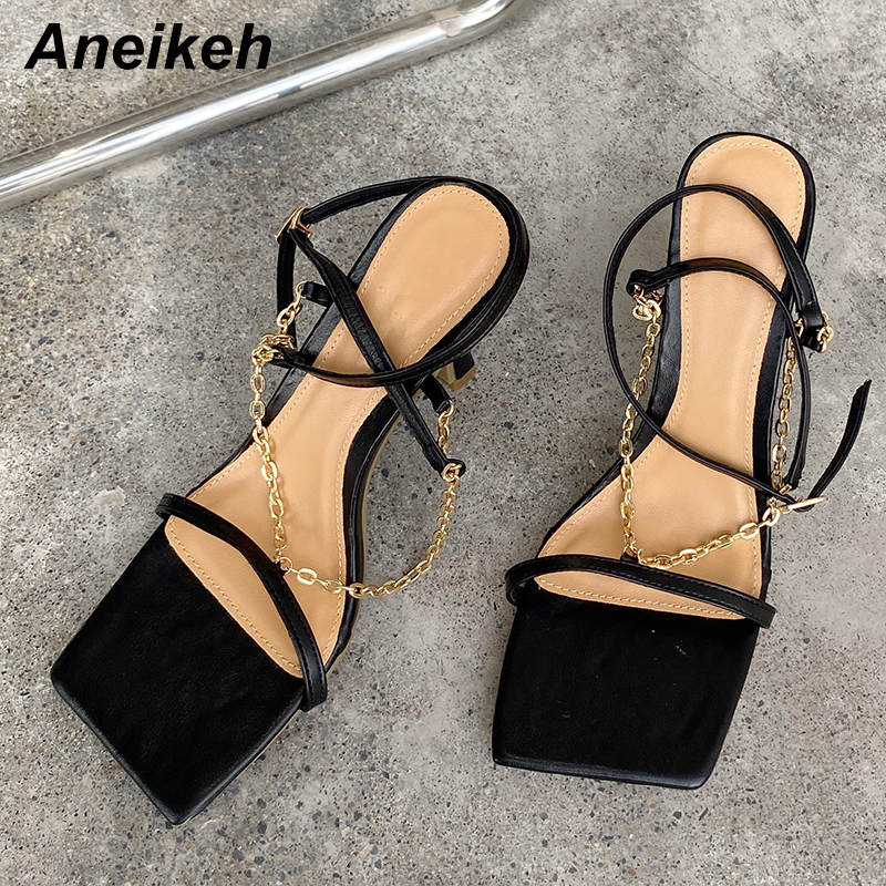 

Aneikeh 2021 NEW Summer PU Cross-Tied Sandales Peep Toe High Heel Solid Fashion Buckle Strap Slides Ladies Gladiator Party Shoes C0129, Black