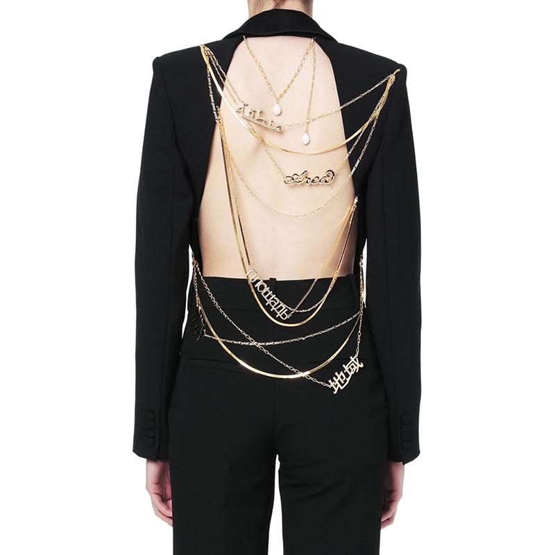 

Blazer Women Notched Collar Long Sleeve Backless Sequined Chains Designer Suit Coat Female Tops Asymmetric Jackets 2021, Black
