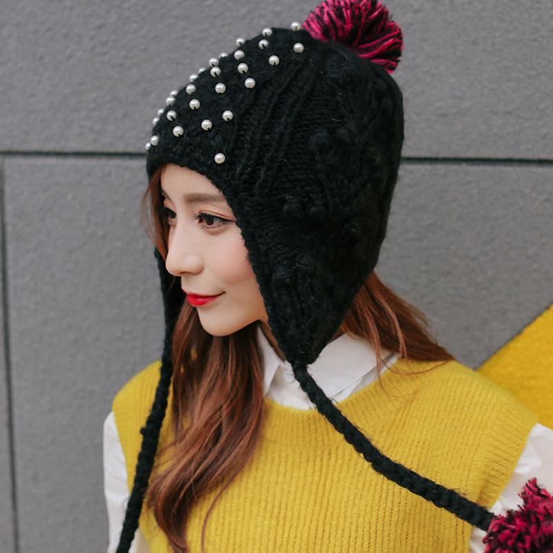 

Girls winter knitted hat outdoor warm hat lovely student fashion versatile trend new style, Black