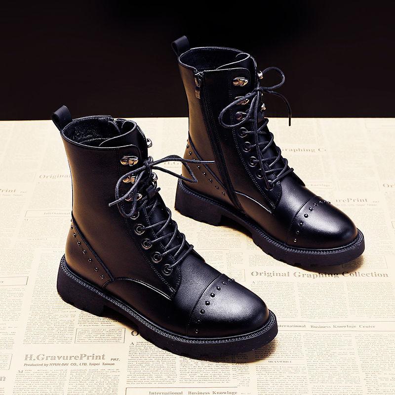 

Autumn Winter Flat Patent Leather Women's Short Boots All-match Plus Velvet British Style Short Non-Slip Motorcycle Boots
