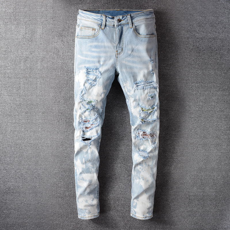 

2021 New Fashion Streetwear Retro Light Blue Slim Fit Ripped Men Denim Punk Pants Patchwork Designer Hip Hop Jeans Homme F14n