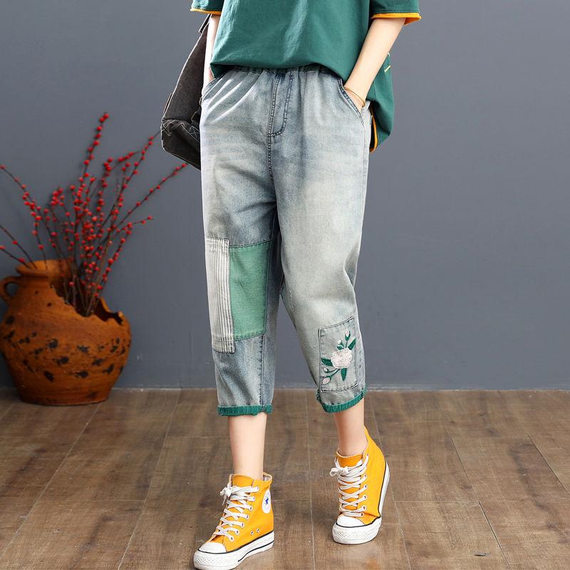 

New Summer Arts Style Women Elastic Waist Loose Jeans Patchwork Embroidery Cotton Denim Casual Calf-length Harem Pants S883, Red