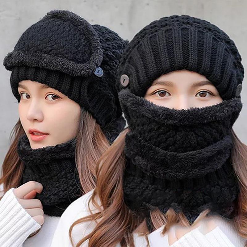 

New 2020 Winter Hat Scarf and Mask Set 3 Pieces Warm scarfs for women Knitted Cap Neck Thick Knit Hats Skullies Beanies Dad