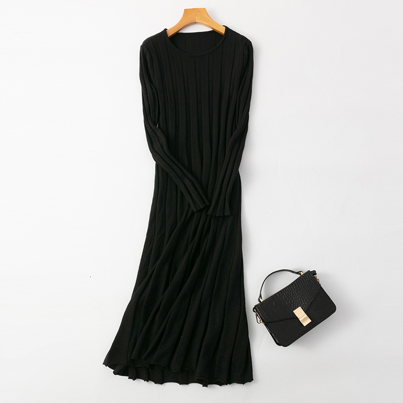 

2021 New Long Sleeve Sweater Women Autumn Winter Thick A-line Fashion Slim Female Jumper Knitted Dress Xqu9, Black