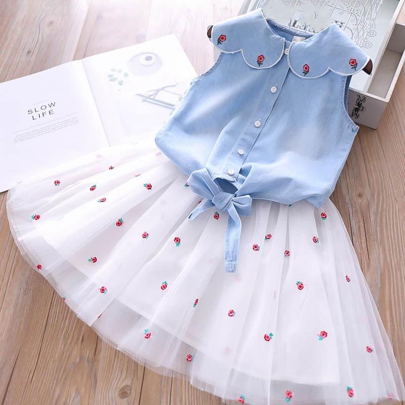 

Summer New Girl Petal Collar Lace-up Embroidered Flower Kids Set, Denim Top + Short Skirt Two Piece Set Kids Clothes1