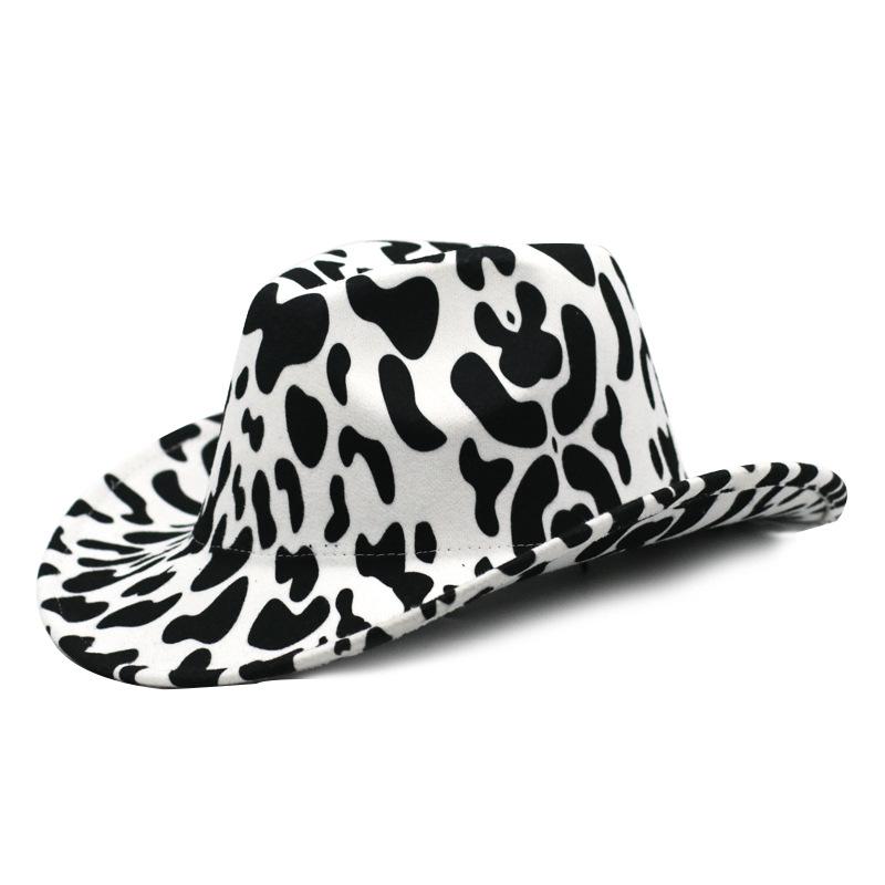 

Double-sided cow pattern top hat women's rolled-brim fedora hat western cowboy felt winter thick warmth ladies jazz, White