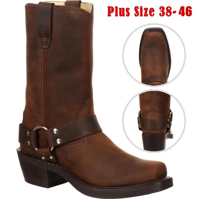 

Woman Knee High Boots Combat Vintage Leather Boots Rider Horse Boot Motorcycle Country Biker Low-heel Bots Plus Size 38-46, Black