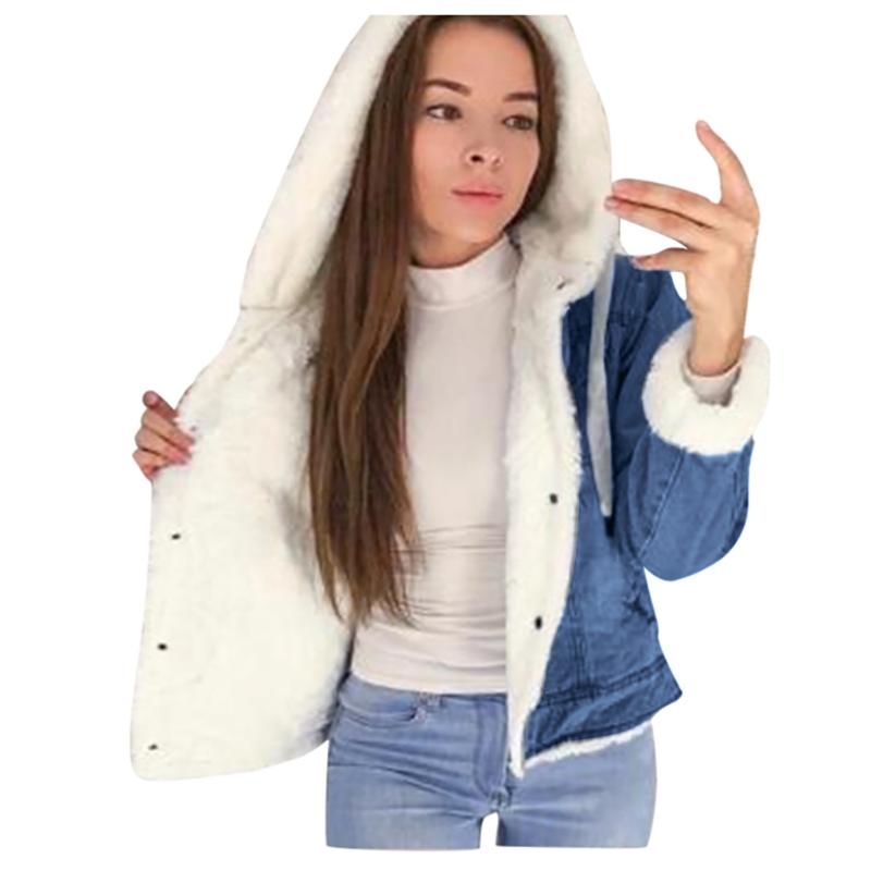 

2020 Fashion Women Jacket Womens Winter Jacke Women Casual Long Sleeve Fleece Denim Ladies Jacket Hooded Hasp Jeans Coat #40%, Pink
