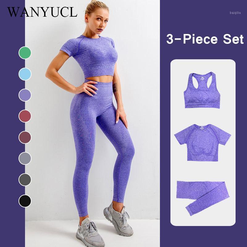 

Multi-color 3PCS Seamless Yoga Set Workout Gym Set Women Clothing Fitness Short Crop Top High Waist Leggings Trousers Sport Suit1, Gray