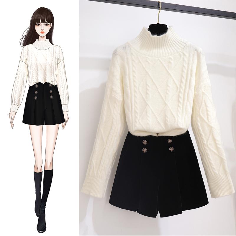 

New Winter 2020 Vintage Black Turtleneck Sweater Loose Top & Wide-Legged Pants Suit Shorts Outfit Woman Knitwear Pullover Girl, Black shorts