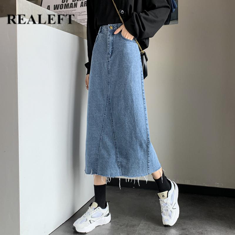 

REALEFT 2021 New Vintage Women' Long Denim Wrap Skirts Tassel High Waist Fashionable Jeans A-Line Skirts Female Spring Summer, Blue