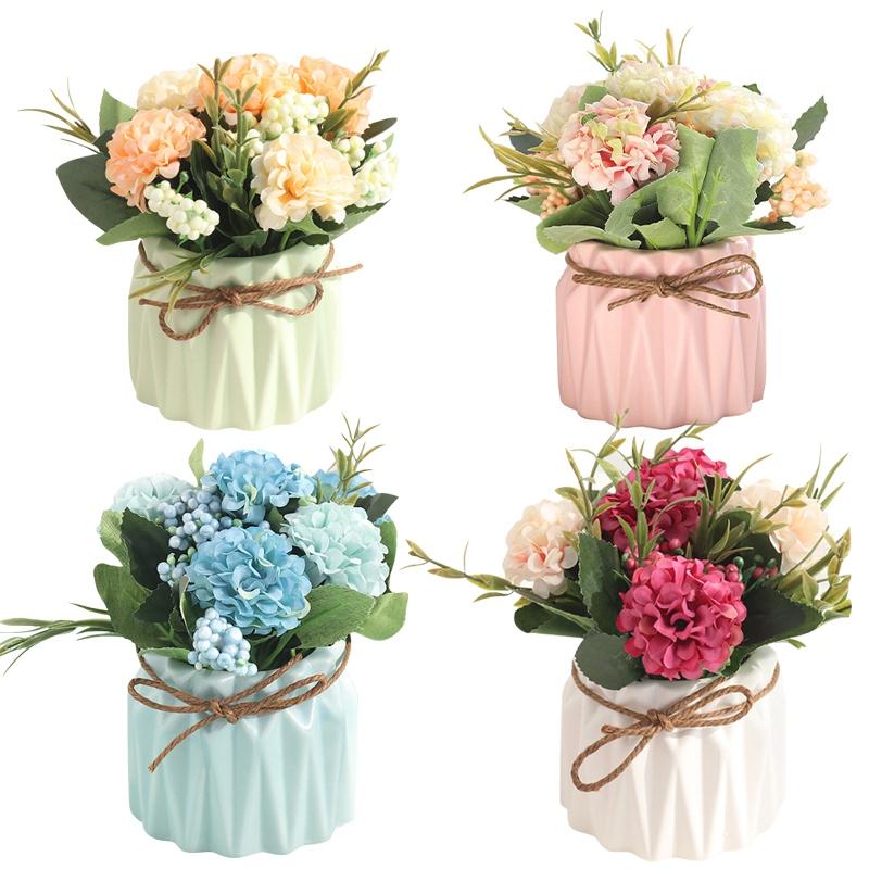 

4PCS Nordic Simulation Hydrangea Potted Plant Fake Flower Simulation Plant Flower Small Bonsai Desktop Decorations, As shown