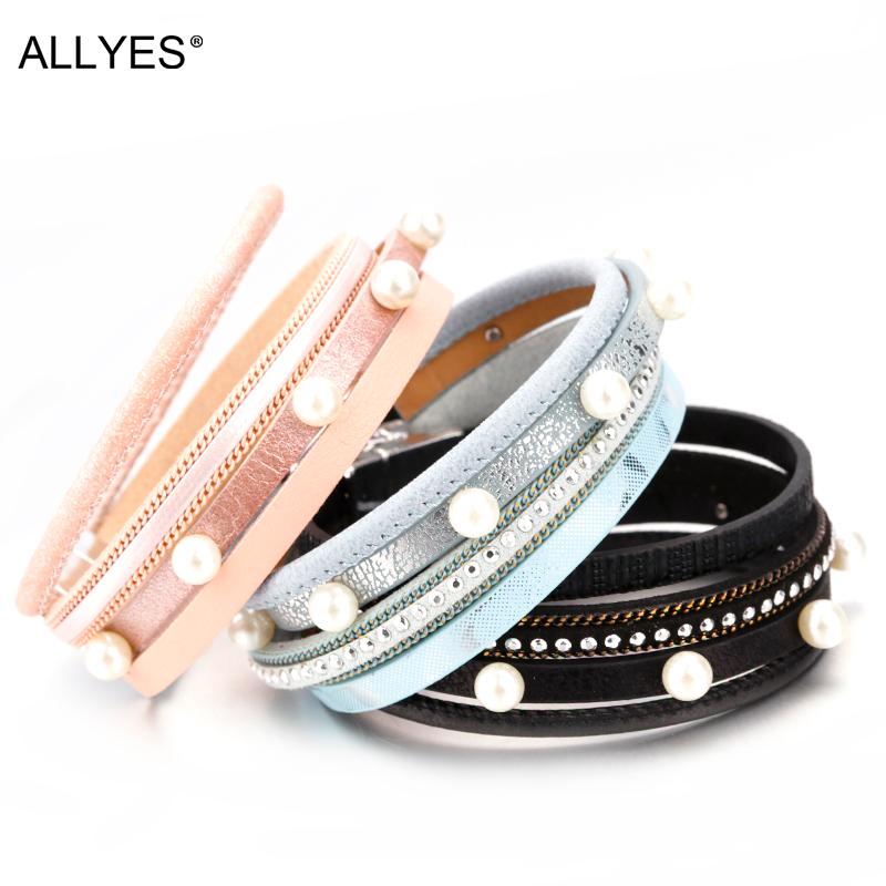 

ALLYES Simple Pearl Leather Bracelet Vintage Boho Multilayer Rhinestone Chain Bohemian Wide Wrap Bracelet Femme Jewelry