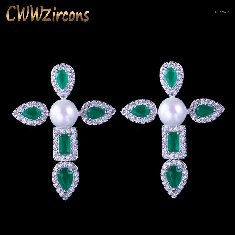 

CWWZircons Fashion Brand Elegant Pearl and Cubic Zirconia Green Stone Big Cross Stud Earrings for Women Jewelry Gift CZ0771