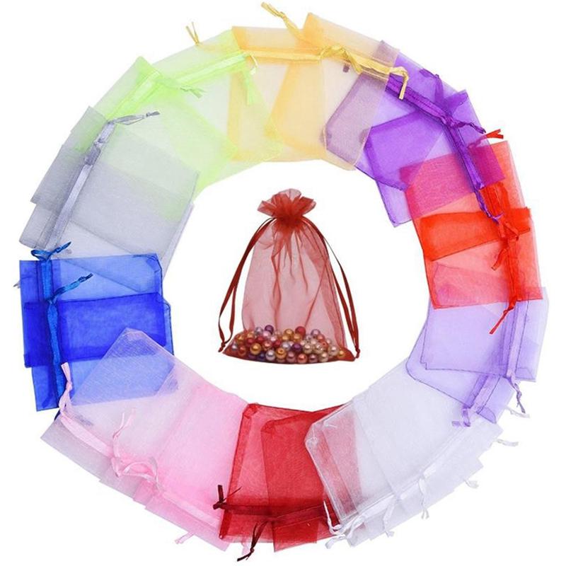 

100 Pcs 10X12CM Color Ran Halloween Christmas Transparent Gauze Bag with Pure Color Drawstring Wedding Candy Mesh Bag
