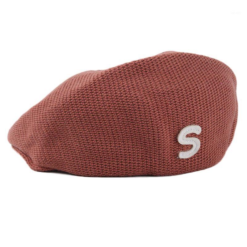 

Women Knitted Beret Cap with Visor Letter Alphabet Vintage Painter Duckbill Hat 449F1, Black