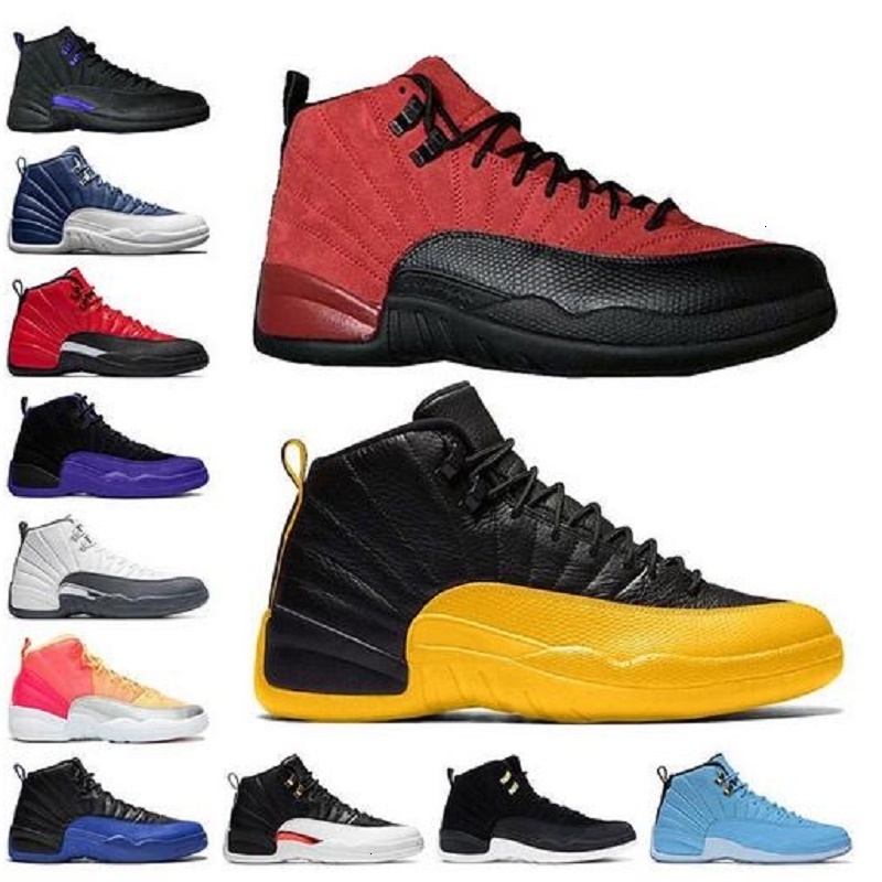 

Top Quality Trainer Satin basketball 12s jumpman University Gold Stone Blue 12 Reverse Flu Game men sneakers shoes size us 13, White;red