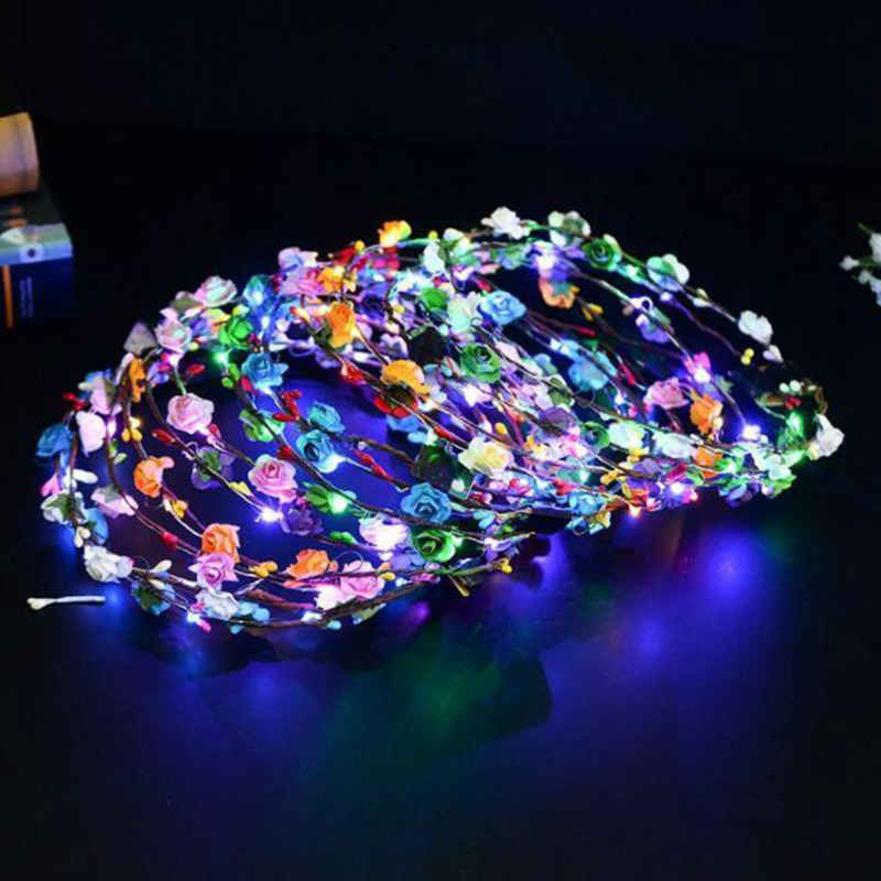 

Flashing LED Strings Glow Flower Crown Headbands Light Party Rave Floral Hair Garland Luminous Wreath Wedding Flower Gift, As pic