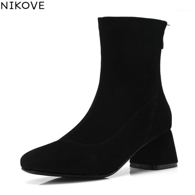 

NIKOVE 2020 Women Shoes Ankle Boots Shoes Sewing Short Plush Zipper Square Med Heels Square Toe Autumn Woman Boots Size 34-431, Black