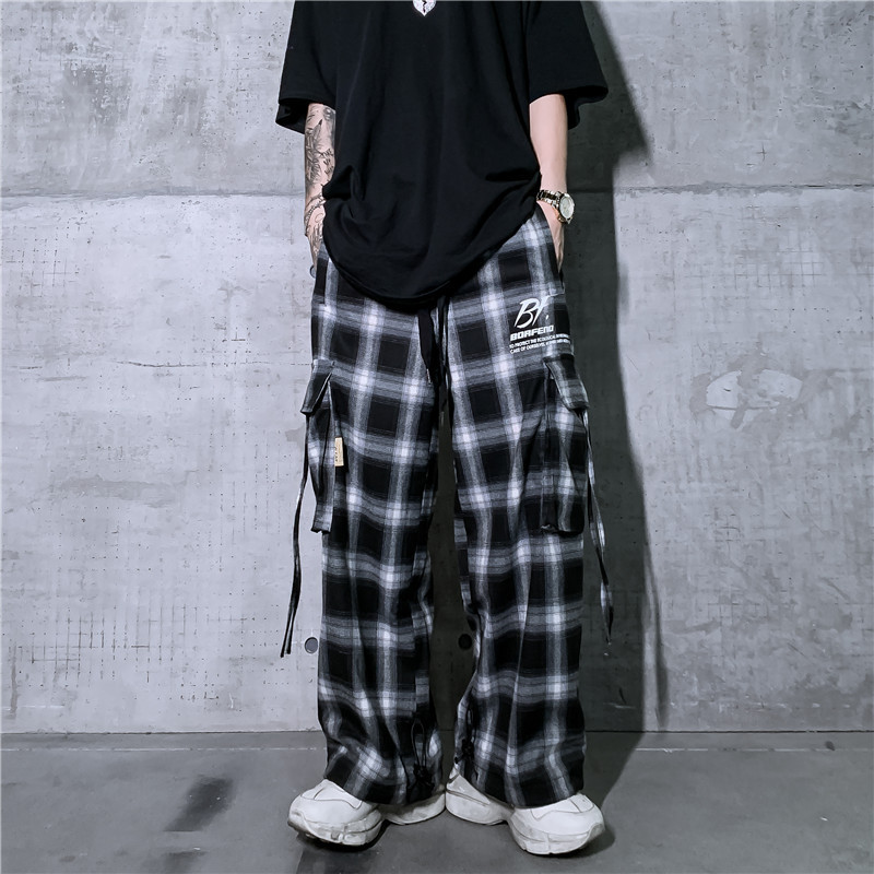 

2021 Multi-pocket Trend National Male Plaid Pants Popular Brand High Street Hip Hop Ribbon Cool Loose Ankles p Kek7, Red