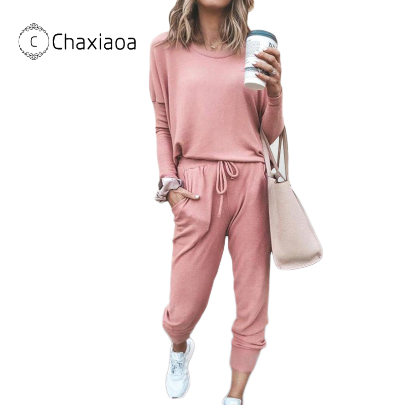 CHAXIAOA Fall Women's Sets Long Sleeve Sportswear O-Neck Casual Solid Color 2 Piece Sets Women Pants Tops Fitness Set X274 201119Z