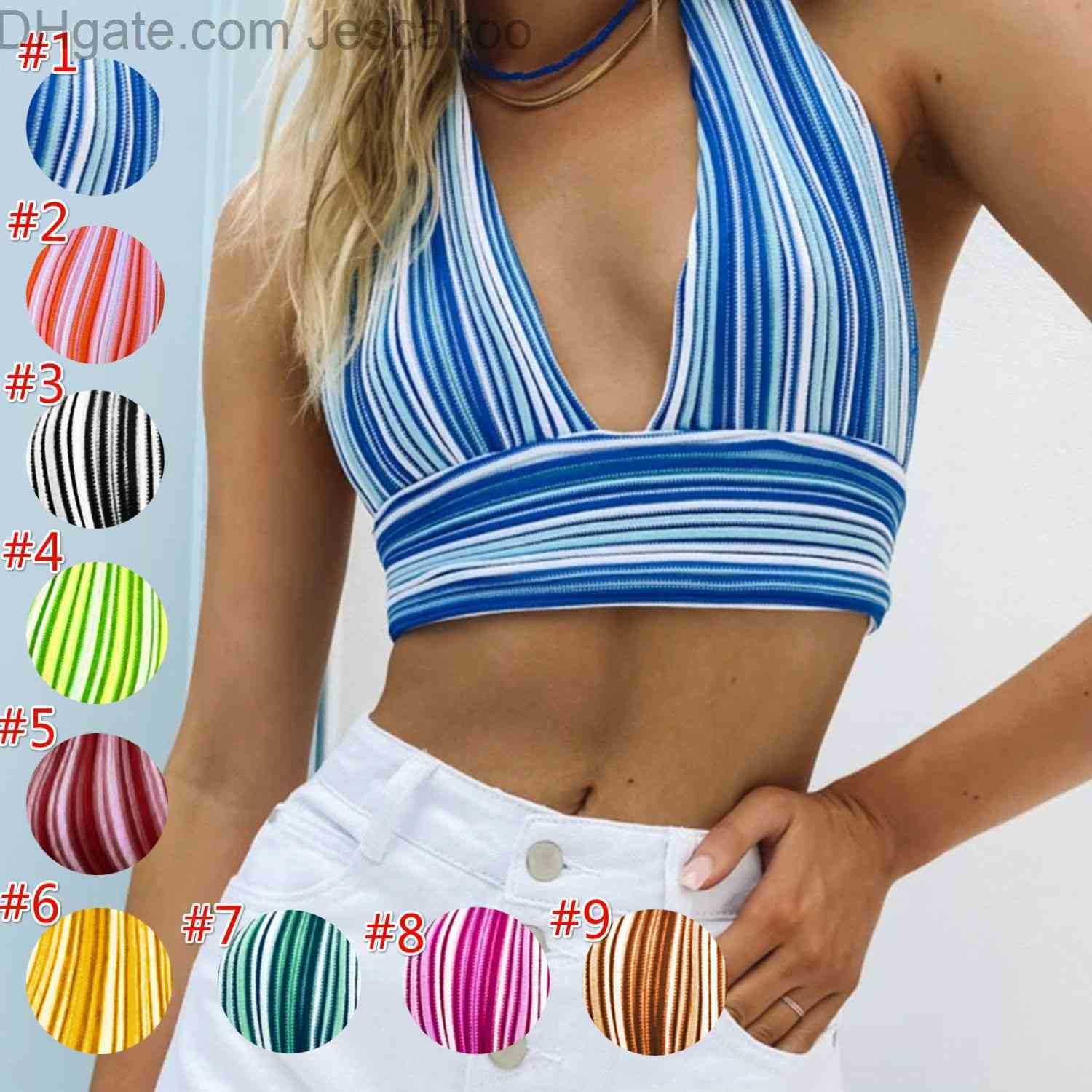 

2022 Explosive Sexy Women Camisoles & Tanks Striped Deep V Backless Halter Strap Tops T Shirt Silk Knit Vest Summer Casual Clothes Ladies Underwear, A1-a9