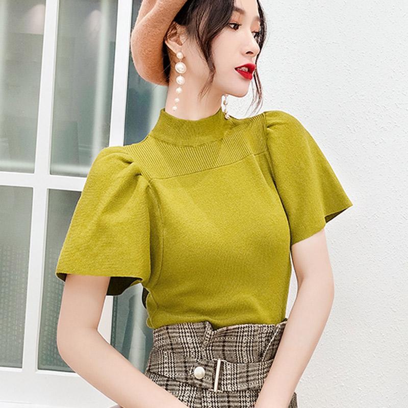 

New slim half high collar lantern bubble short sleeve sweater women's top shirt Summer retro Style T-Shirt Pullover, Ivory